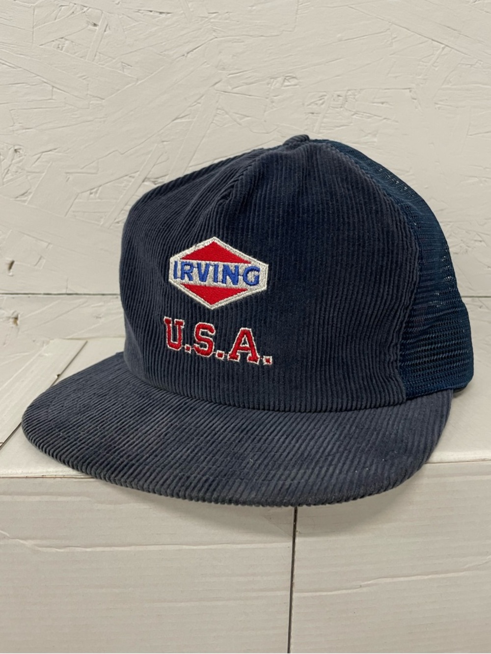 Vintage 80s Corduroy Embroidered Snapback Trucker Hat, OS, Irving Oil